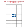 Lot de 20 Planches étiquettes autocollantes blanches sur feuille A4 : 70 x 42 3 mm (21 étiquettes)