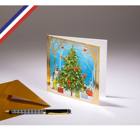 Carte double fin d'année - créée et imprimée en France- Animaux de la forêt décorant le sapin de Noël