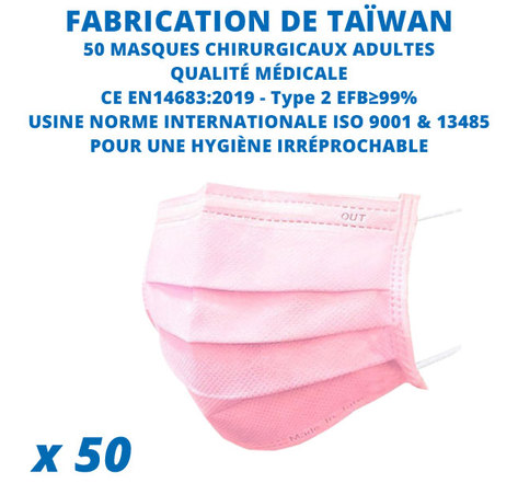 50 Masques chirurgicaux CE fabriqué à Taïwan de qualité médicale - Filtration ≥ à 99% - Type II CE EN14683:2019 - Coloris Rose - YI TING