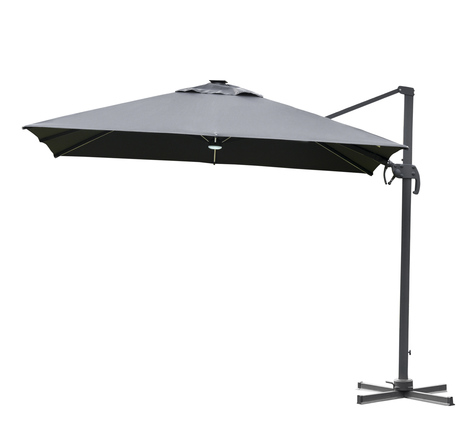 Parasol déporté carré parasol LED inclinable pivotant 360° manivelle piètement acier dim. 3L x 3l x 2,66H m gris