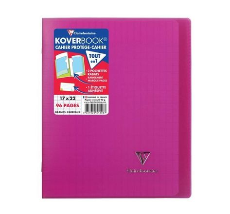 CLAIREFONTAINE - Cahier piqûre KOVERBOOK - 17 x 22 - 96 pages Seyes - Couverture Polypro translucide - Couleur rose