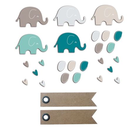 20 formes découpées éléphants bleu taupe + 20 étiquettes kraft fanion