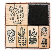 6 tampons en bois avec encreur - cactus