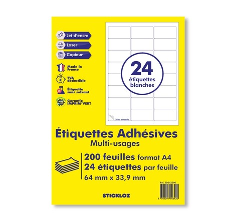 200 planches de 24 = 4800 étiquettes autocollantes papier adhésif blanc  - 63,5 x 33,9 mm - compatible mon timbre en ligne ou FBA AMAZON-  (l7159) TVA DEDUCTIBLE