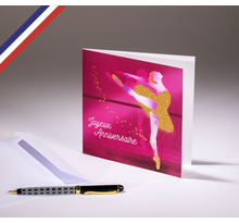 Carte double scintillante créée et imprimée en france sur papier certifié pefc - joyeux anniversaire - danseuse