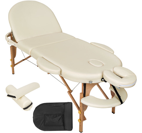 Tectake Table de massage pliante 3 zones bois 10 cm d'épaisseur ovale + rouleaux - beige