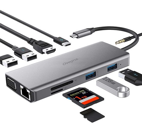 Ovegna PL001 : Hub USBC 11 en 1, Aluminium Alloy Abs, Adaptateur USBC vers HDMI 4K, VGA, PD 100W, 4 Ports USB 3/2, Lecteur Carte SD/Micro SD, RJ45, pour Tablet, MacBook/Air, Laptop