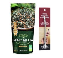 Thé vert bio japonais genmaicha sencha & riz grillé 100 g + paille inox avec filtre