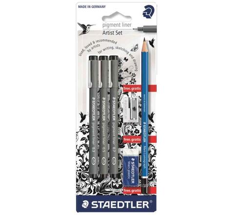 Blister 3 Feutres Noirs Pte Calibrée 0,3/0,5/0,7 + Taille-Crayon + Gomme + Crayon 2B STAEDTLER
