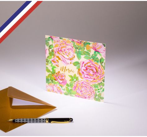 Carte simple Paradisio créée et imprimée en France - Merci - Fleurs/Camélias roses