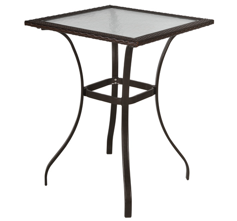 Table carrée bistro de jardin dim. 72l x 72l x 94h cm métal époxy résine tressée chocolat plateau verre trempé