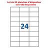 Lot de 20 planches étiquettes autocollantes blanches sur feuille a4 : 70 x 35 mm (24 étiquettes)