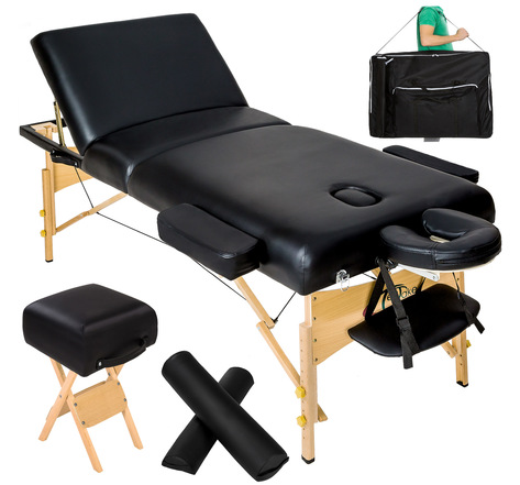 Tectake Table de massage Pliante 3 Zones, Tabouret, Rouleau + Housse - noir