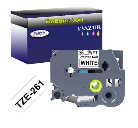 Ruban pour étiquettes laminées génériques Brother Tze-261 pour étiqueteuses P-touch - Texte noir sur fond blanc - Largeur 36 mm x 8 mètres - T3AZUR
