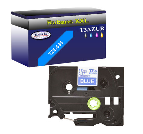 Ruban d'étiquettes laminées générique Brother Tze-535 pour étiqueteuses P-touch - Texte blanc sur fond bleu - T3AZUR