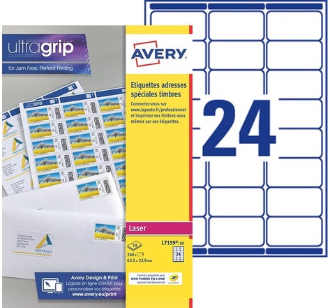 Etiquettes Avery pour timbres L7159-10 - 33,9 x 63,5 mm, Blanc, Impression Laser (240 étiquettes)