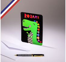 Carte simple Happy Word ! créée et imprimée en France sur papier certifié PEFC - Dino ROAARR