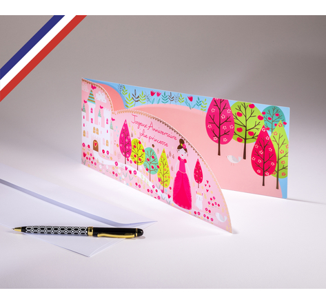 Carte double Extravagance créée et imprimée en France sur papier certifié PEFC - Joyeux Anniversaire jolie princesse - Découpe nuage et or à chaud