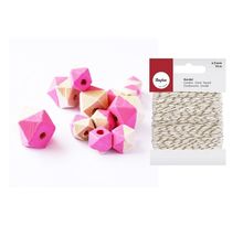 Perles en bois diamant rose + Ficelle dorée & blanche 15 m