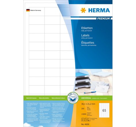 Etiquettes PREMIUM sur 200 Feuilles A4, 38x21,2 mm blanc HERMA