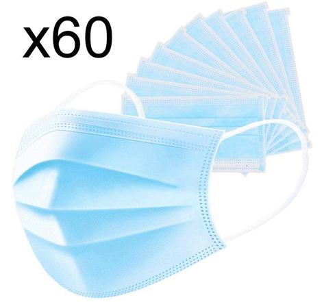 Lot de 60 masques chirurgicaux jetables - protection respiratoire 3 couches pour le visage - hypoallergénique et respirant - Norme CE