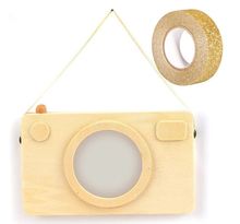 Cadre photo en bois appareil photo polaroïd 20 x 12 cm + masking tape doré à paillettes 5 m