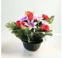 Composition fleurs artificielles pour cimetière vasque roses et mini lys H 35 cm D 35 cm Rouge