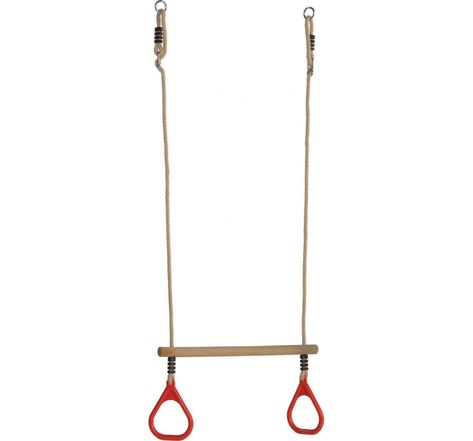 Trapèze en bois avec anneaux de gym rouges