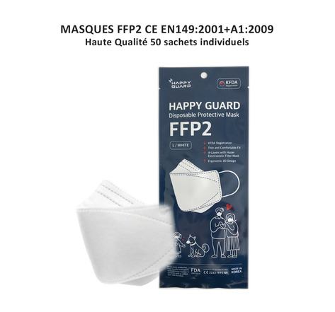 Masques FFP2 CE design 3D 4 plis - norme EN149:2001+A1:2009 - Boîte de 50 - sachet individuel stérile - Happy Guard