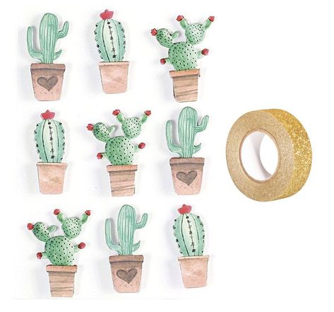 9 stickers 3d cactus mexicains 4,5 cm + masking tape doré à paillettes 5 m