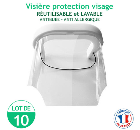 Lot de 10 Visières protection visage - réutilisables et lavables - antibuée – anti Allergique