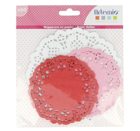 60 napperons ronds papier rose-rouge-blanc Ø 10-14 cm