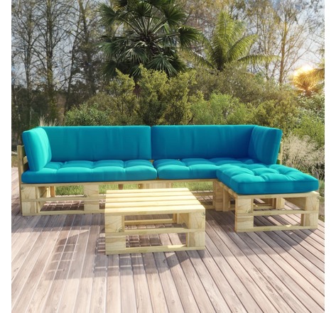 vidaXL Salon de jardin palette 4pcs avec coussins Pin imprégné de vert