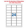 Lot de 20 planches étiquettes autocollantes pour timbres sur feuille a4 : 64,6 x 33,8 mm (24 étiquettes par feuille; spéciales timbre)