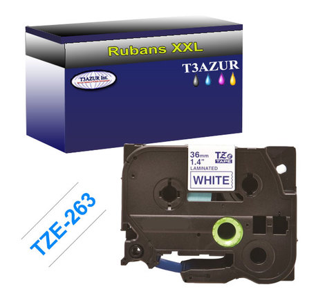 Ruban pour étiquettes laminées générique Brother Tze-263 pour étiqueteuses P-touch - Texte bleu sur fond blanc - Largeur 36 mm x 8 mètres - T3AZUR