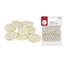 18 perles bois rondes plates 25 mm + ficelle dorée & blanche 15 m