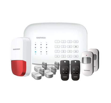 DAEWOO Système d'alarme connecté WiFi/GSM Modèle Home avec sirène et Batterie intégrées, RFID, livré avec 11 Accessoires, Sirène extérieure, Compatible avec Les caméras DAEWOO