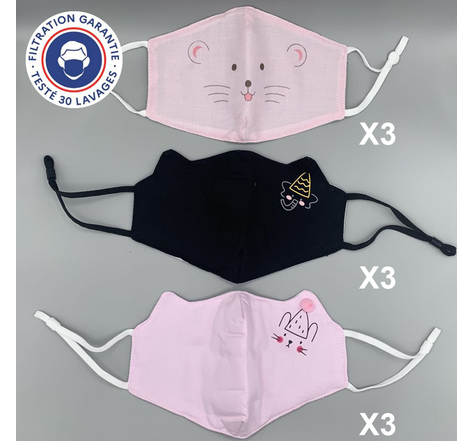 Kit 9 Masques Tissu Enfant Catégorie 1 Lavable x30 Fille