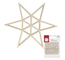 Silhouette en bois origami Etoile à 6 branches + Ficelle dorée & blanche 15 m
