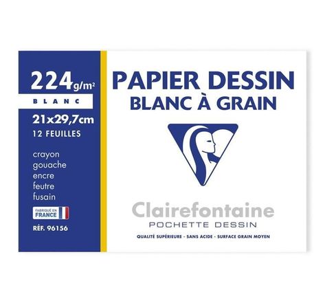 CLAIREFONTAINE - Pochette dessin - Papier a grain P.E.F.C - 21 x 29,7 - 12 feuilles - 224G - Couleur blanche
