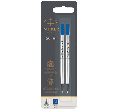 Parker recharge stylo roller, pointe moyenne, bleue, blister x 2